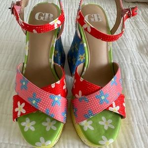 Retro floral multi color chunky heels